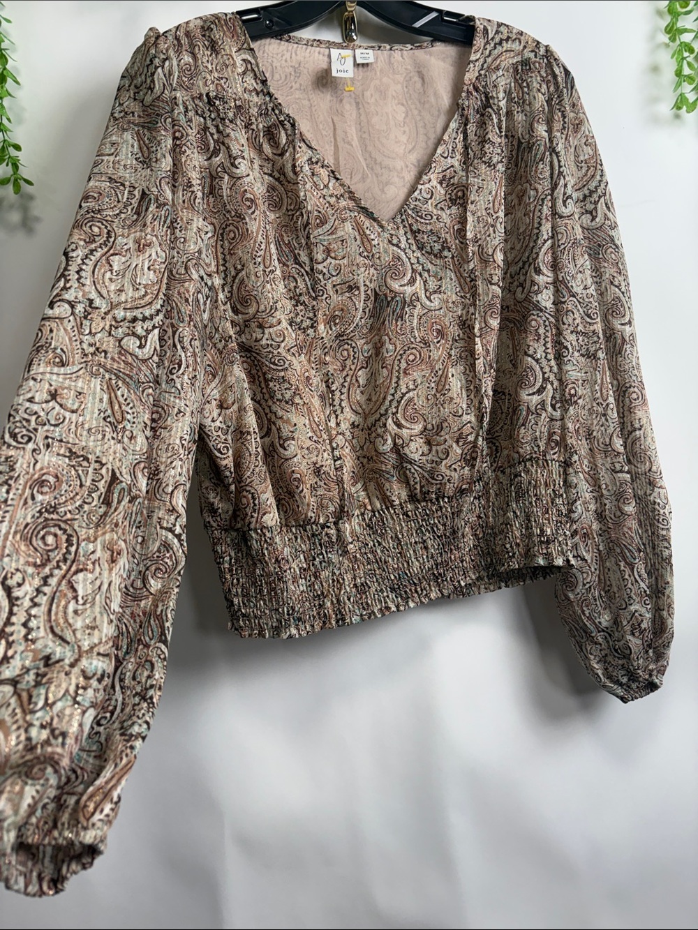 Joie Beige and Brown Paisley V-Neck Smocked Waist Blouse